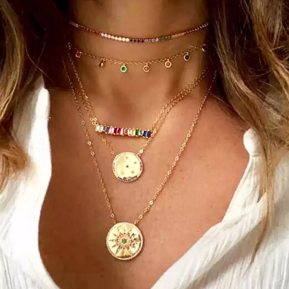 Baguette rainbow CZ evil eye gold necklace - Picture 6 of 6